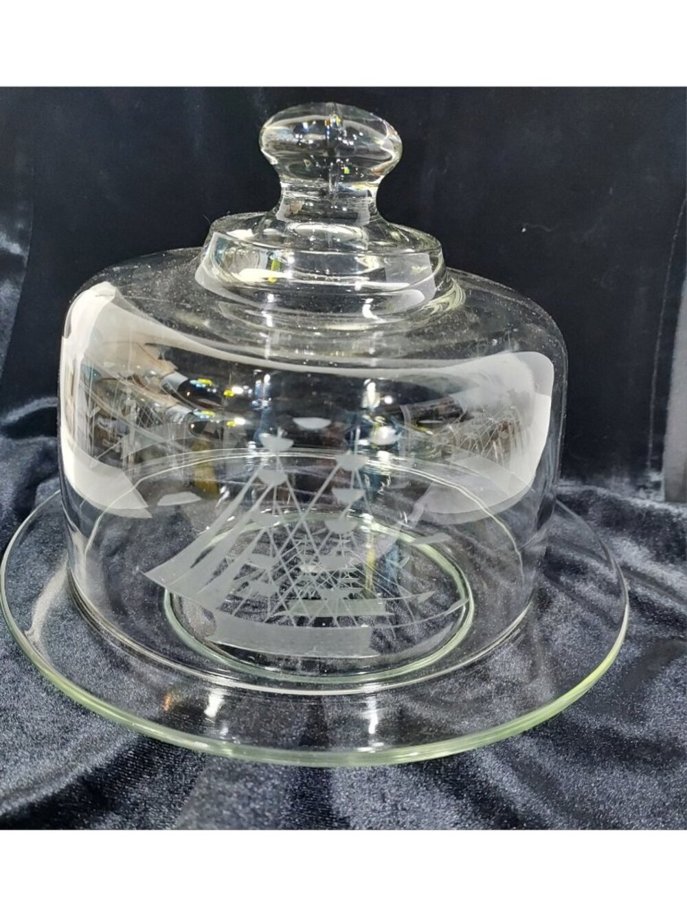 Nautical Etched Tuscany Glass Dome With Plate Cheese Butter Dish Clipper Tall Sh